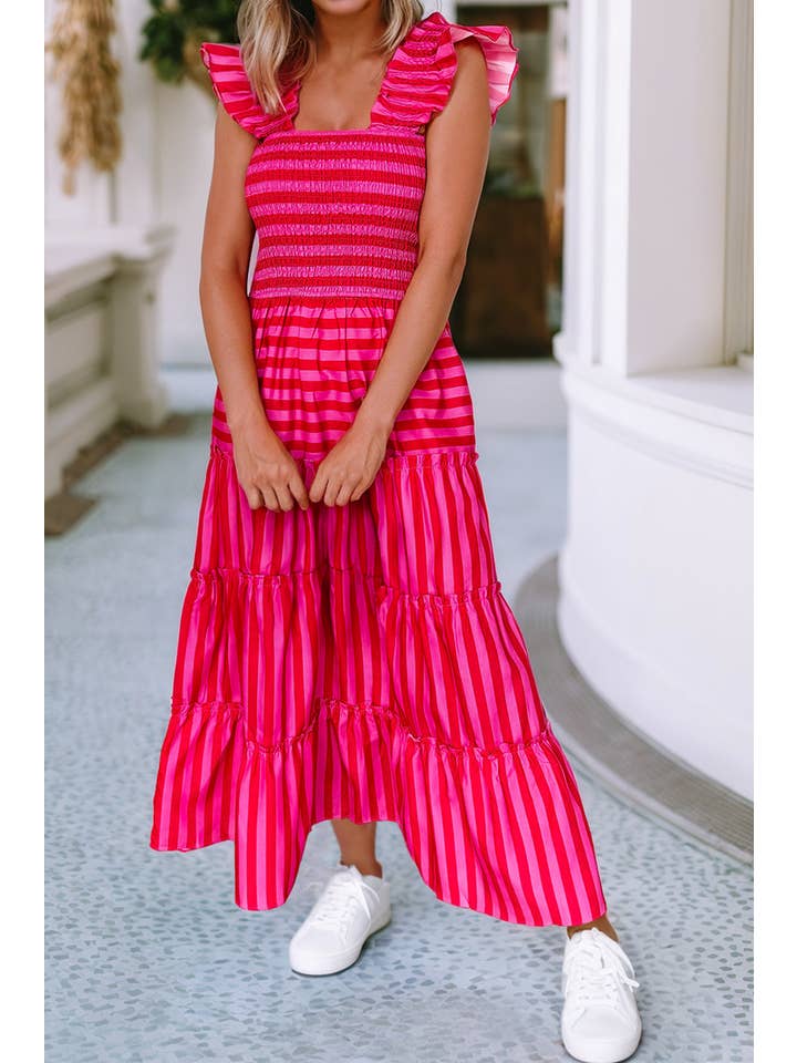 Rose LDC Stripe Wide Strap Smocked Bodice Tiered Maxi Dress for wholesale on Faire