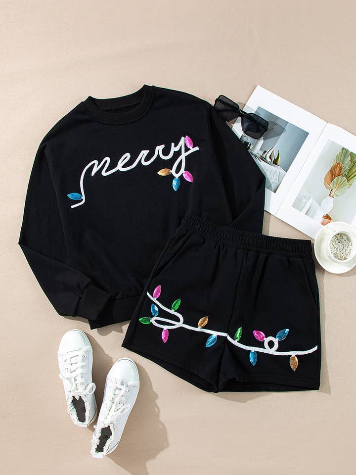 Black FB Christmas Merry Sequin Pullover and Shorts Set for wholesale on Faire4