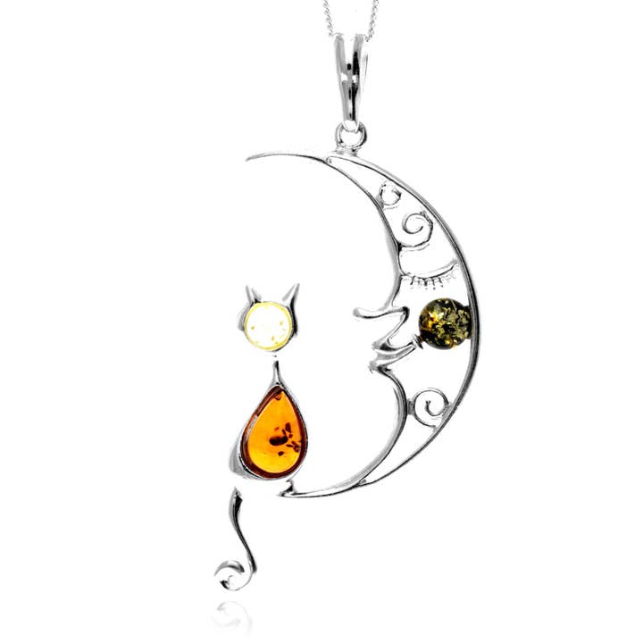 925 Sterling Silver & Genuine Baltic Amber Cat on the Moon Large Pendant - AP14 for wholesale by SilverAmber Jewellery