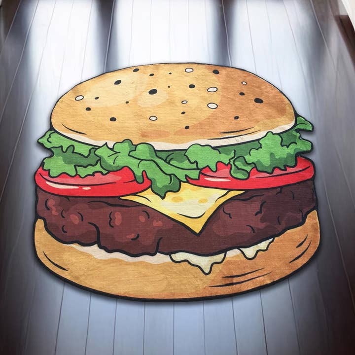 Tapis Cheeseburger : Tapis de cuisine amusant en forme de nourriture, décoration de salle de jeux pour enfants pour la vente par Rugendary Trade LLC