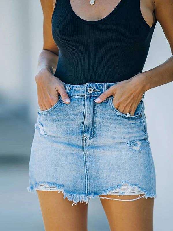 Distressed Raw Hem Denim Mini Skirt SKS6707 and other Purchase Wholesale ropa vaquera. Free Returns & Net 60 Terms on Faire trending on Faire.