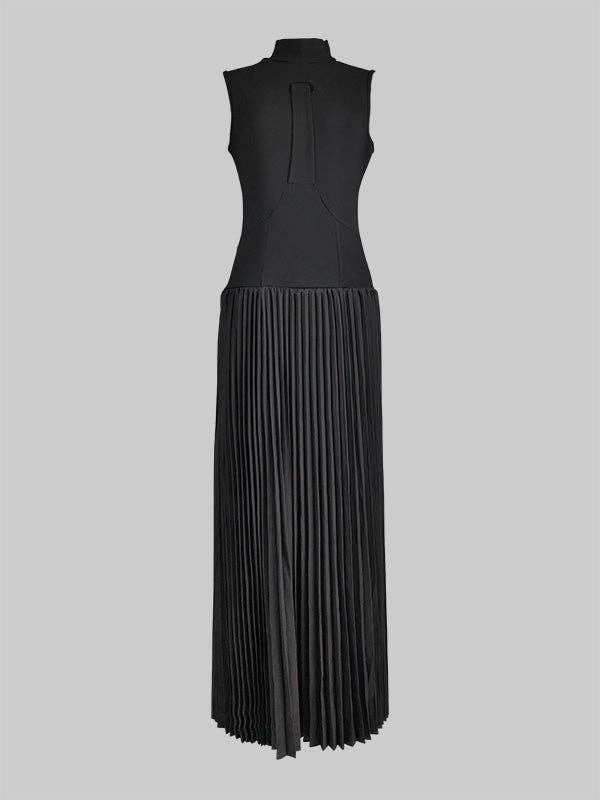 BLACK Bodycon Sleeveless Hollow Pleated Solid Color Split-Joint Mock Neck Maxi Dresses for wholesale on Faire5