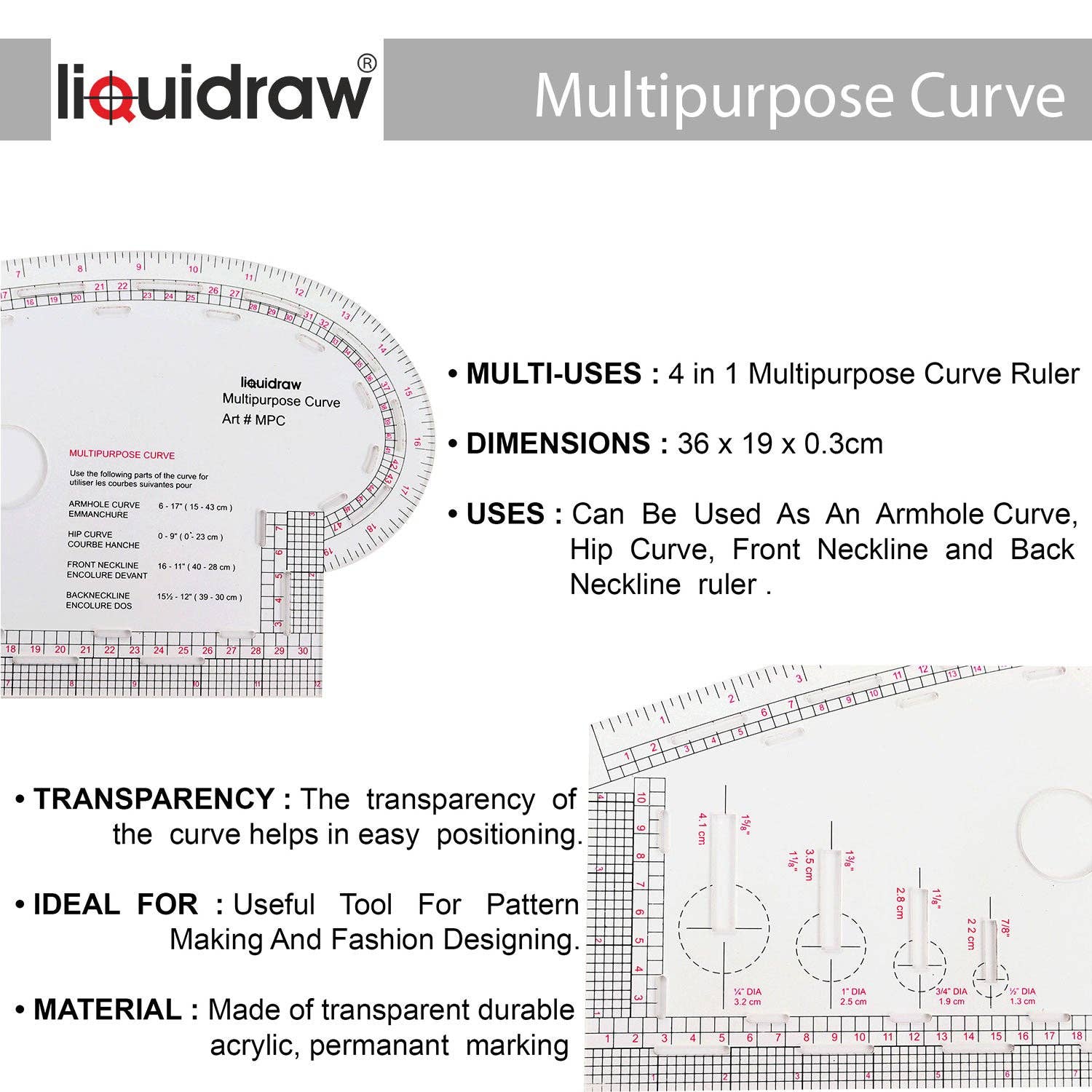 Liquidraw – wholesale Craft tool – Liquidraw 4 in 1 Multipurpose Curve Ruler Includes Armhole Curve Ruler, Hip Curve Ruler, Front Neckline & Back Neckline, Pattern Making Fashion Design Ruler - Imperial & Metric2