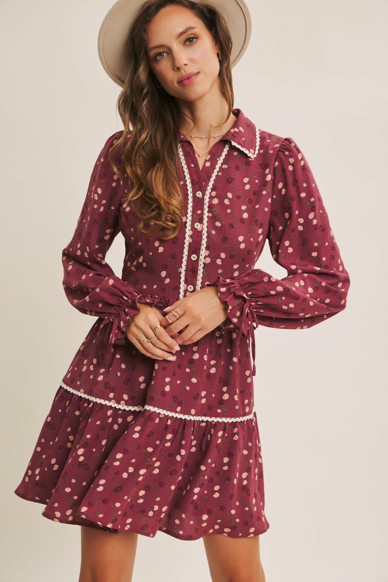 WINE CAPTURES THE MAGIC ELEGANT MINI DRESS WITH SCALLOP LACE for wholesale on Faire2