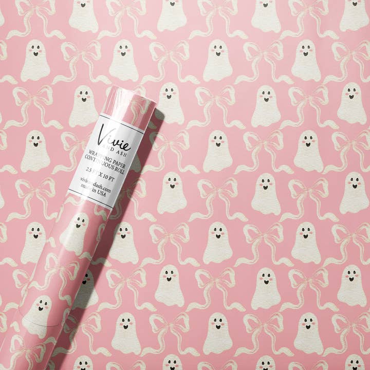 Pink Ghosts and Bows Halloween Wrapping Paper for wholesale by Vivie and Ash
