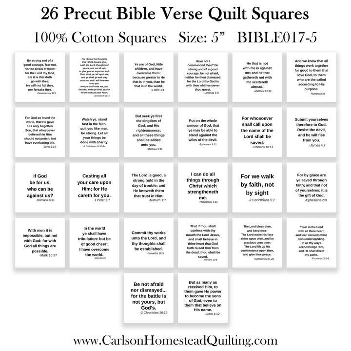 Carlson Homestead Quilting - Wholesale Fabric - KJV Bible Verse Precut Quilt Squares – Set of 26 | Fabric Charm Pack on White Cotton1