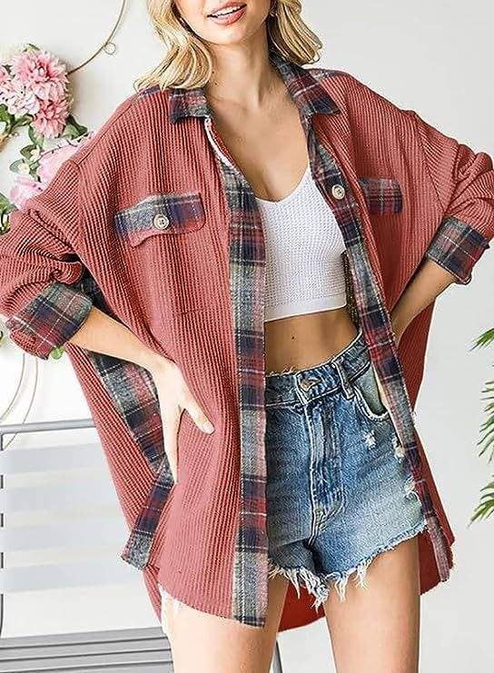 Queen Fashion – wholesale Jacket – Women's – sleeve top melliflo waffle knit plaid shacket15
