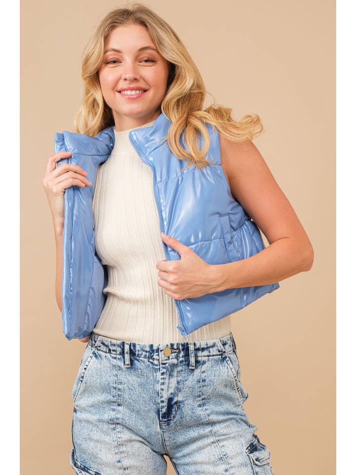 Blue B - Wholesale Outerwear Vest - Women's - 22656J - Gloss Shiny PU Quilted Puffer Zip Up Crop Vest54