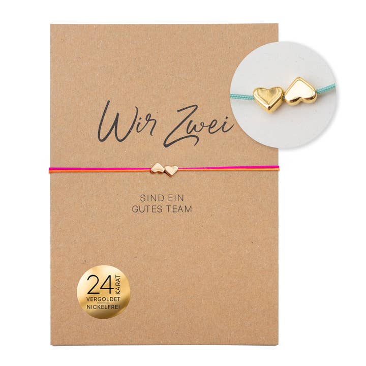 Armband auf Karte-Zwei Herzen „Wir Zwei sind ein gutes Team" für den Großhandel von Bow & Hummingbird