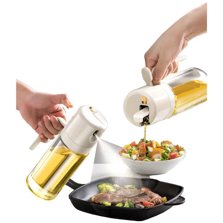 PREMIUS 2-In-1 Glass Oil Dispenser with Sprayer Bottle, White, 18.6 Ounces for wholesale by ShopBobbys