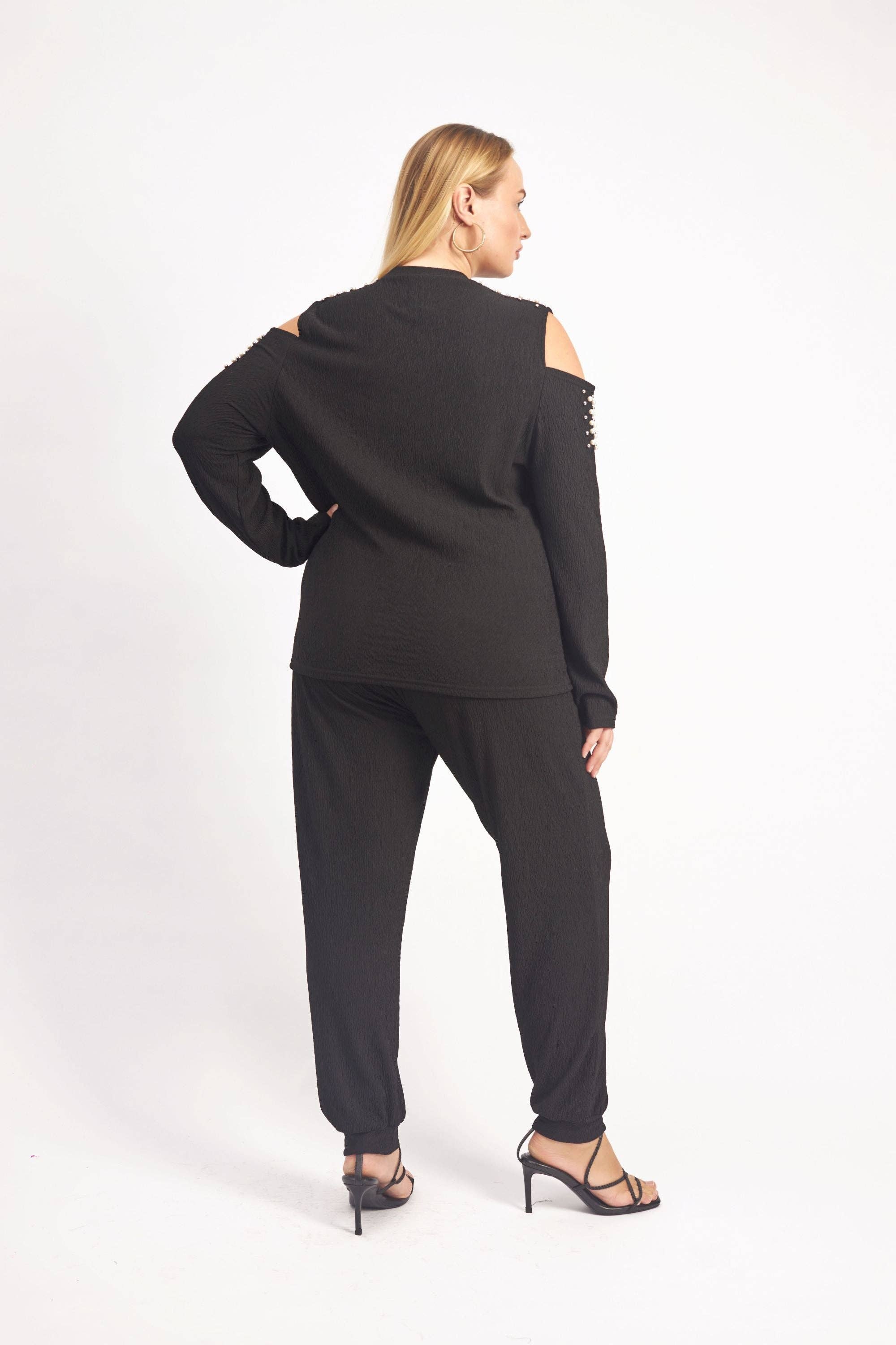 KaraChic - Vente Ensemble haut et pantalon (PAS d'intérieur) - Femme - 24029 - Ensemble 2 pièces épaules dénudées perle et manches longues6