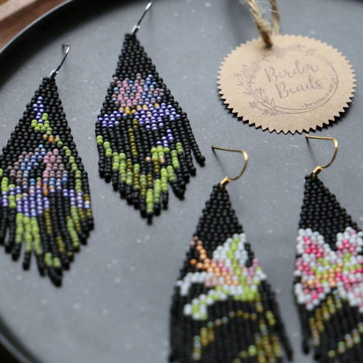 BerdorBeads - Wholesale Dangle Earrings - Dark flowers-handwoven beaded fringe earrings,rose,iris,lily4