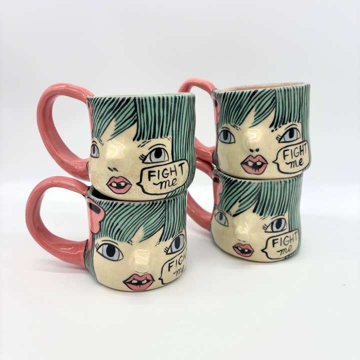 Fight Me Handmade & Handpainted Stoneware Cup for wholesale by Erika Rier