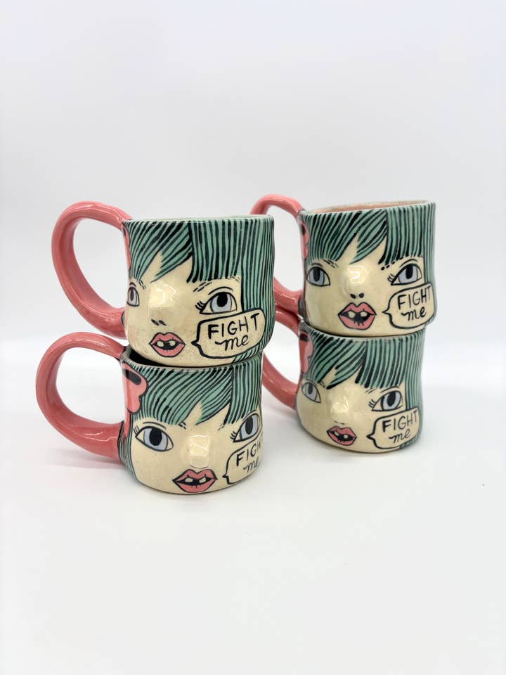Fight Me Handmade & Handpainted Stoneware Cup for wholesale by Erika Rier