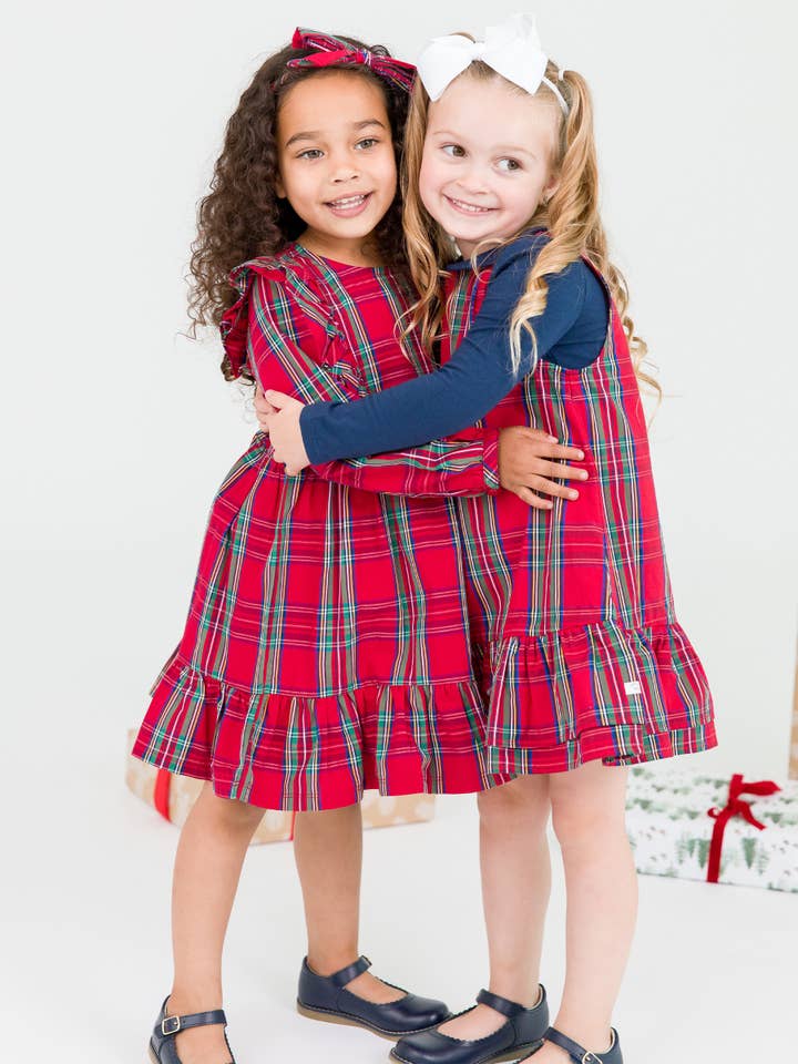 Girls Red Nicholas Plaid Ruffle Bow Dress for wholesale on Faire