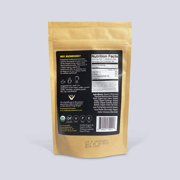 Malama Mushrooms - Wholesale Hot Cocoa Mix/Kit - 8 Mushroom Cacao Mix - 3.5 oz Organic