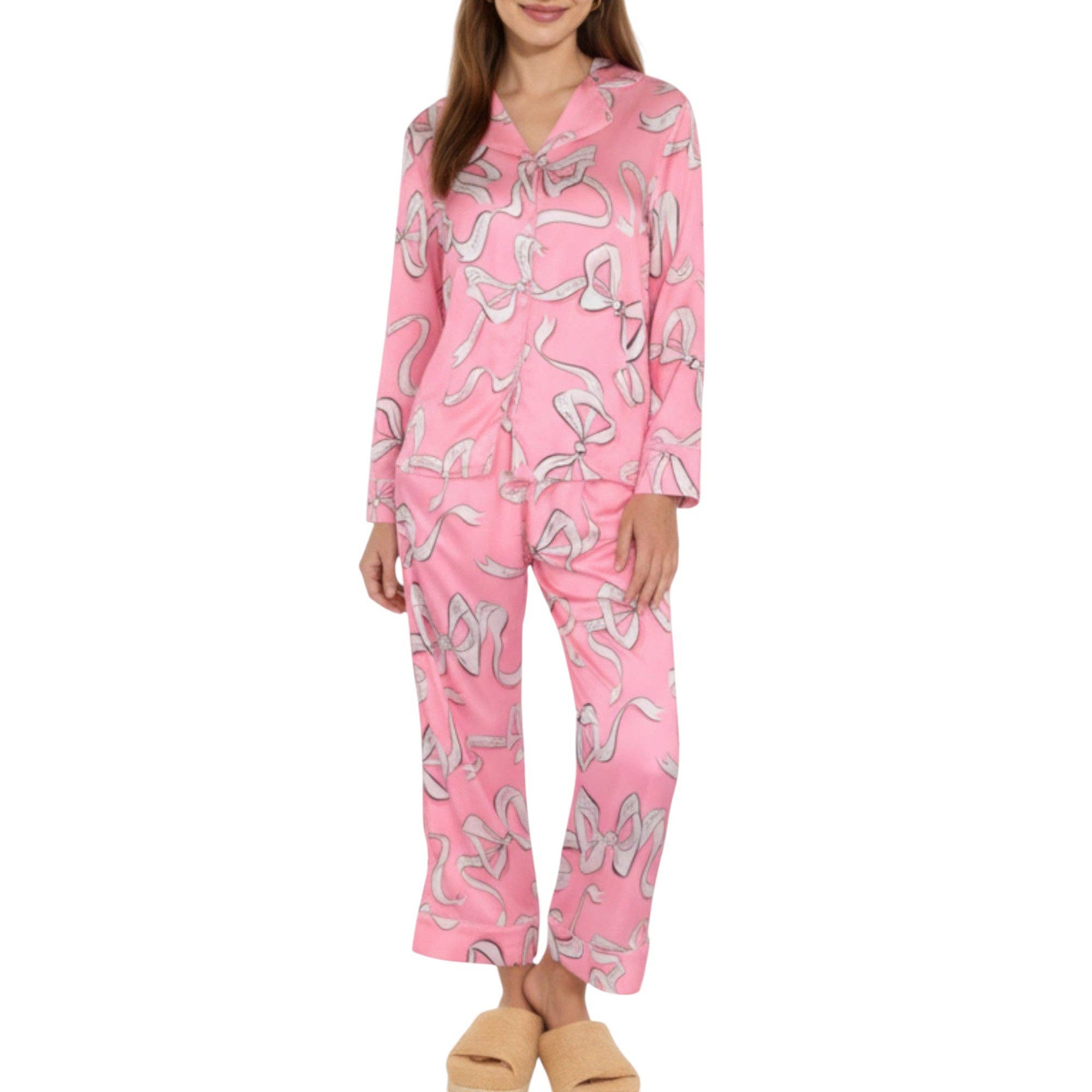 Pink 2-Piece Set Long Sleeve Button Front Pajama Set with Ribbon for wholesale on Faire0