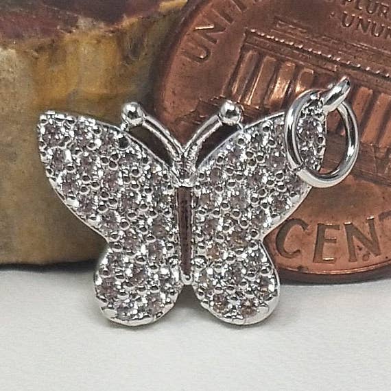 Dainty Micro Pave Butterfly Charm Rhodium White Gold Butterfly Pendant for Necklace Bracelet Earring Charm Jewelry Making Supply 15x10mm for wholesale by Aim Eternal