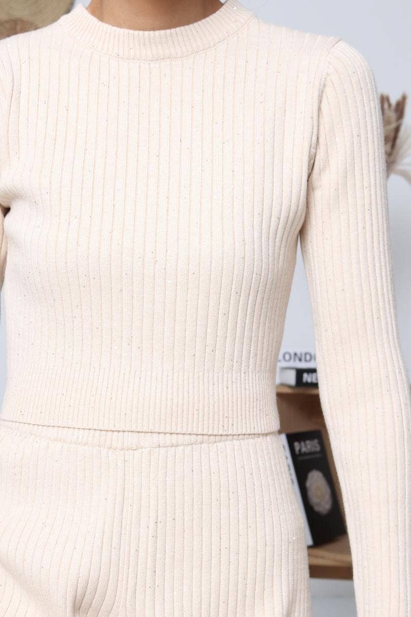 DIX-ONZE - Vente Ensemble haut et pantalon (PAS d'intérieur) - Femme - Ensemble Maille Côtelée – Top Longue Manche & Pantalon3