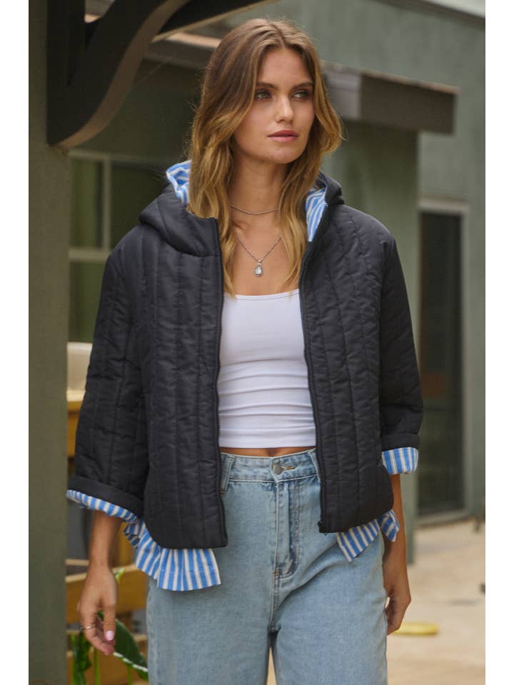 Black Quilted Puffed Hood Jacket for wholesale on Faire4