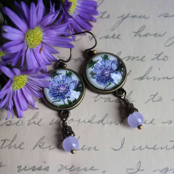 The Divine Iguana - Wholesale Dangle Earrings - Purple Aster Flower Cottage Core Earrings3