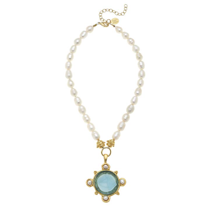 Collier en verre vénitien Aqua avec perles d'eau douce et perles d'eau douce pour la vente par Susan Shaw