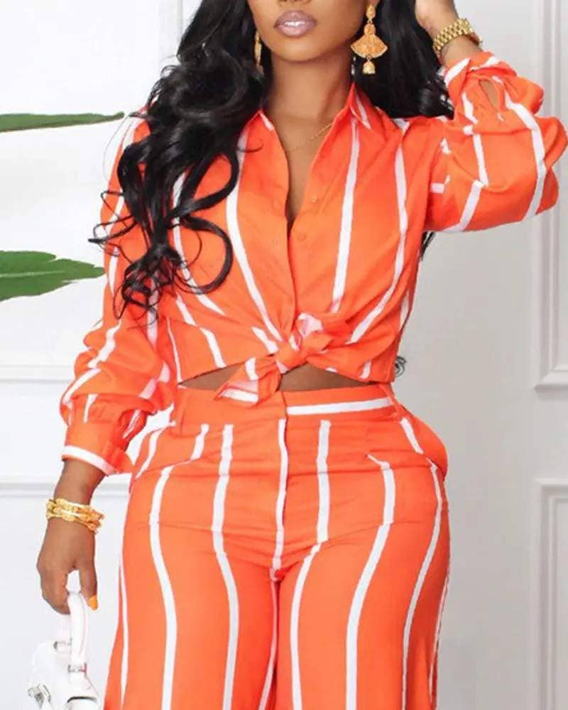 Fashion Combination - Wholesale Top & Skirt Set - Women's - striped long sleeve button down shirt pants set6