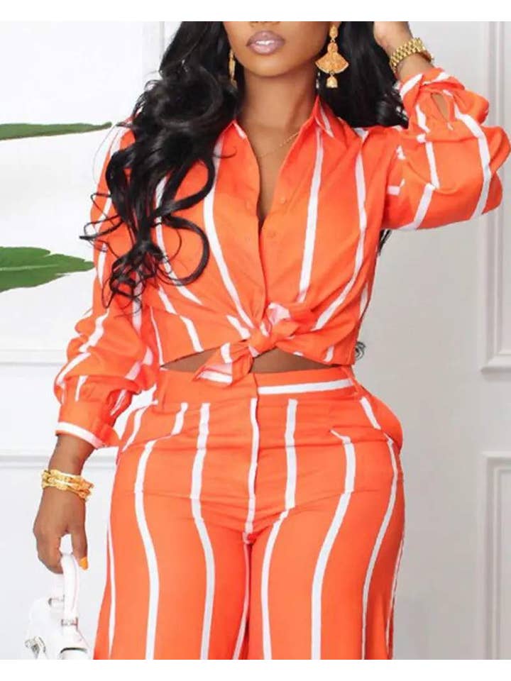 Queen Fashion - Wholesale Top & Skirt Set - Women's - striped long sleeve button down shirt pants set6