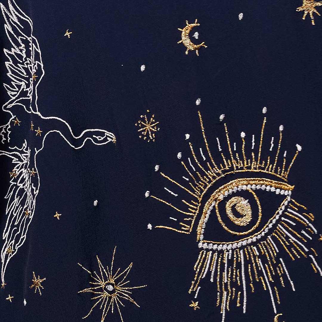 Artemis Muse – wholesale Kimono – Women's – Cosmos Embroidered Navy Blue, Ivory and Gold Fully Lined Short Kimono7