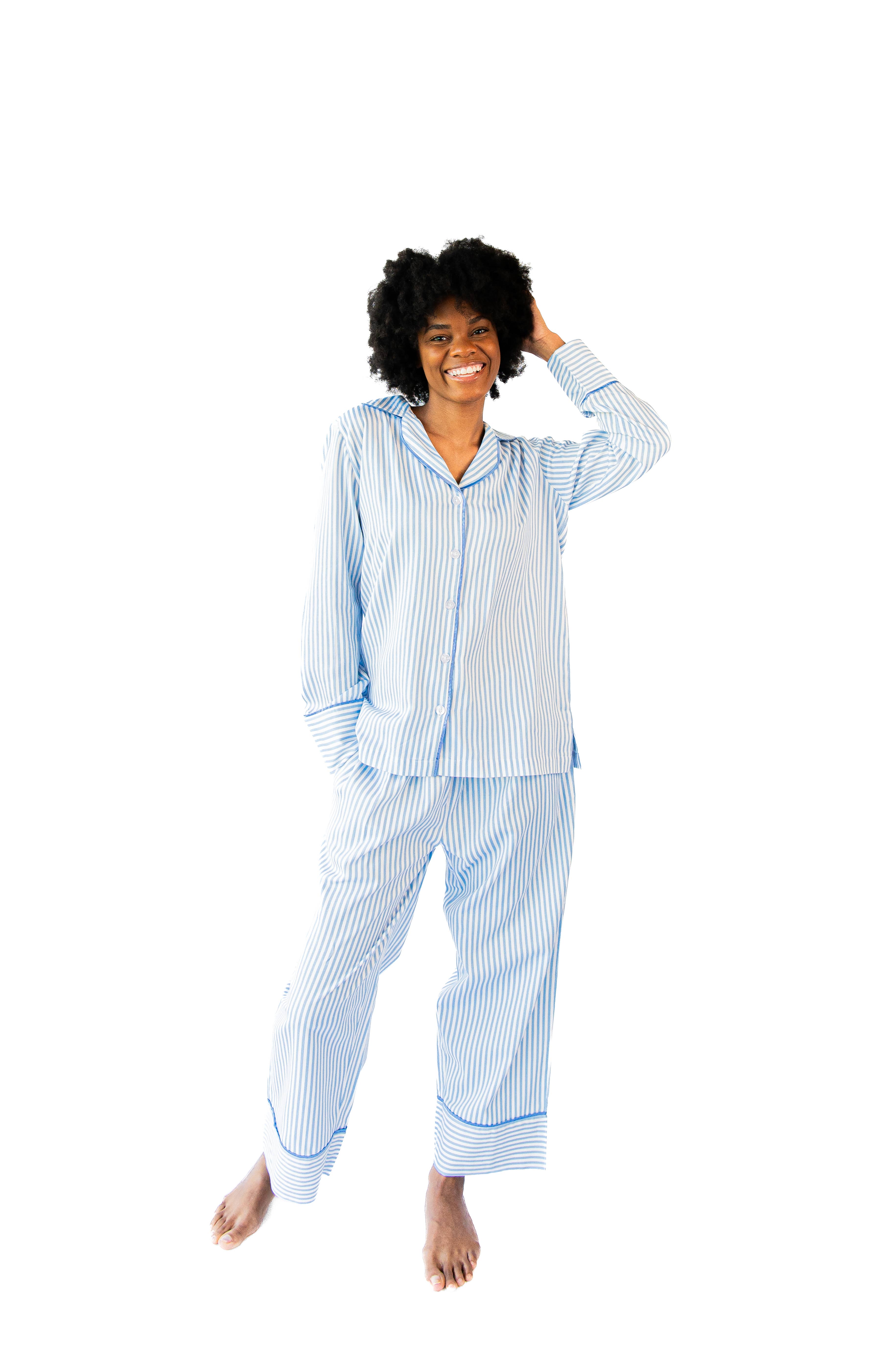 Bleu Ensemble de pyjama complet en satin de luxe à rayures fines - Bleu en vente sur Faire3