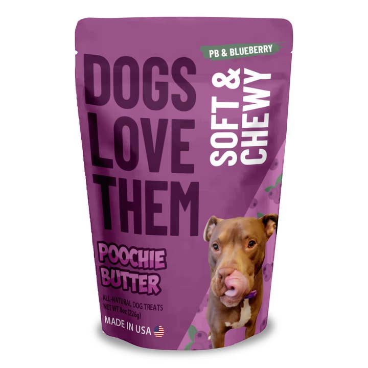 Peanut Butter & Blueberry Soft Chewy Dog Treats 8oz for wholesale by Poochie Butter