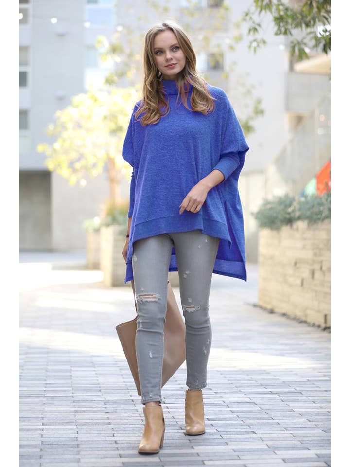 42POPS - Wholesale Poncho - Women's - ' Brushed Melange Cowl Neck Poncho Hi-low Sweater