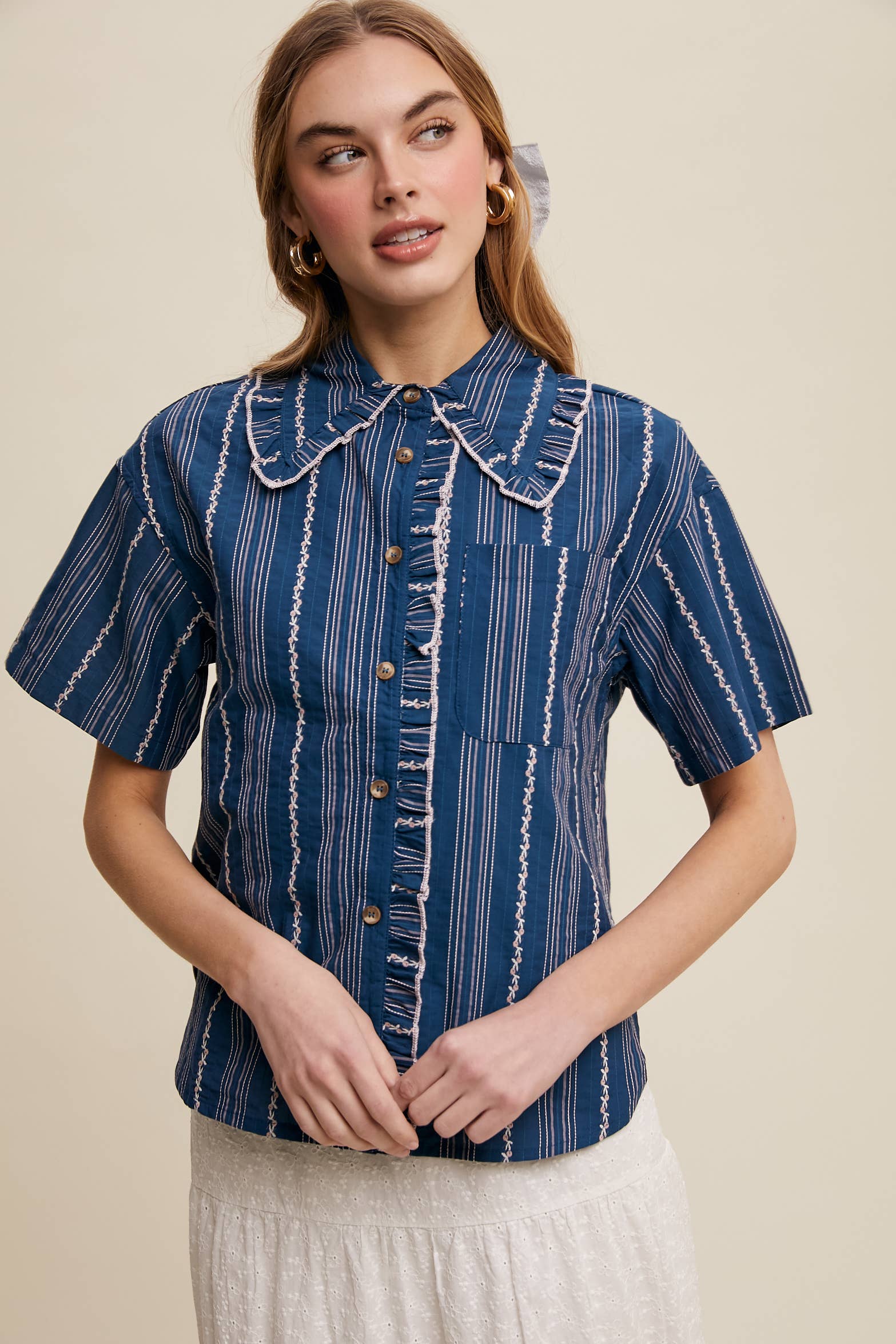 Listicle - Wholesale Button Down Shirt - Women's - Striped Embroidered Button-Down Blouse30