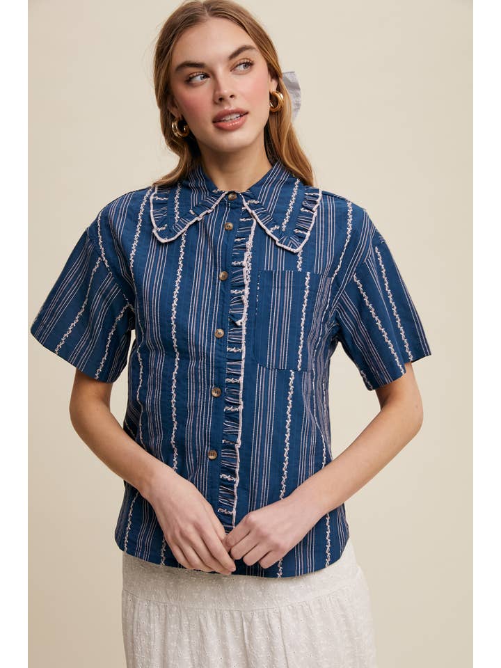 Listicle - Wholesale Button Down Shirt - Women's - Striped Embroidered Button-Down Blouse30