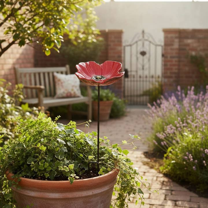 Poppy Flower Garden Stake Bird Feeder Cast Iron Decor for wholesale by Iron & Blossom