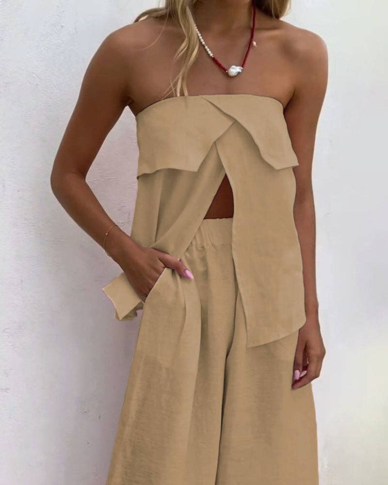 Chicto - Wholesale Set met top en broek (GEEN Loungewear) - Dames - Casuale effen kleur straploze split top & broek tweedelig set3