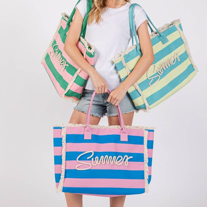 MiMi Wholesale - Wholesale Tote Bag - Women's - MB0267 Sewn Tope Summer Letter Fringe Striped Tote Bag