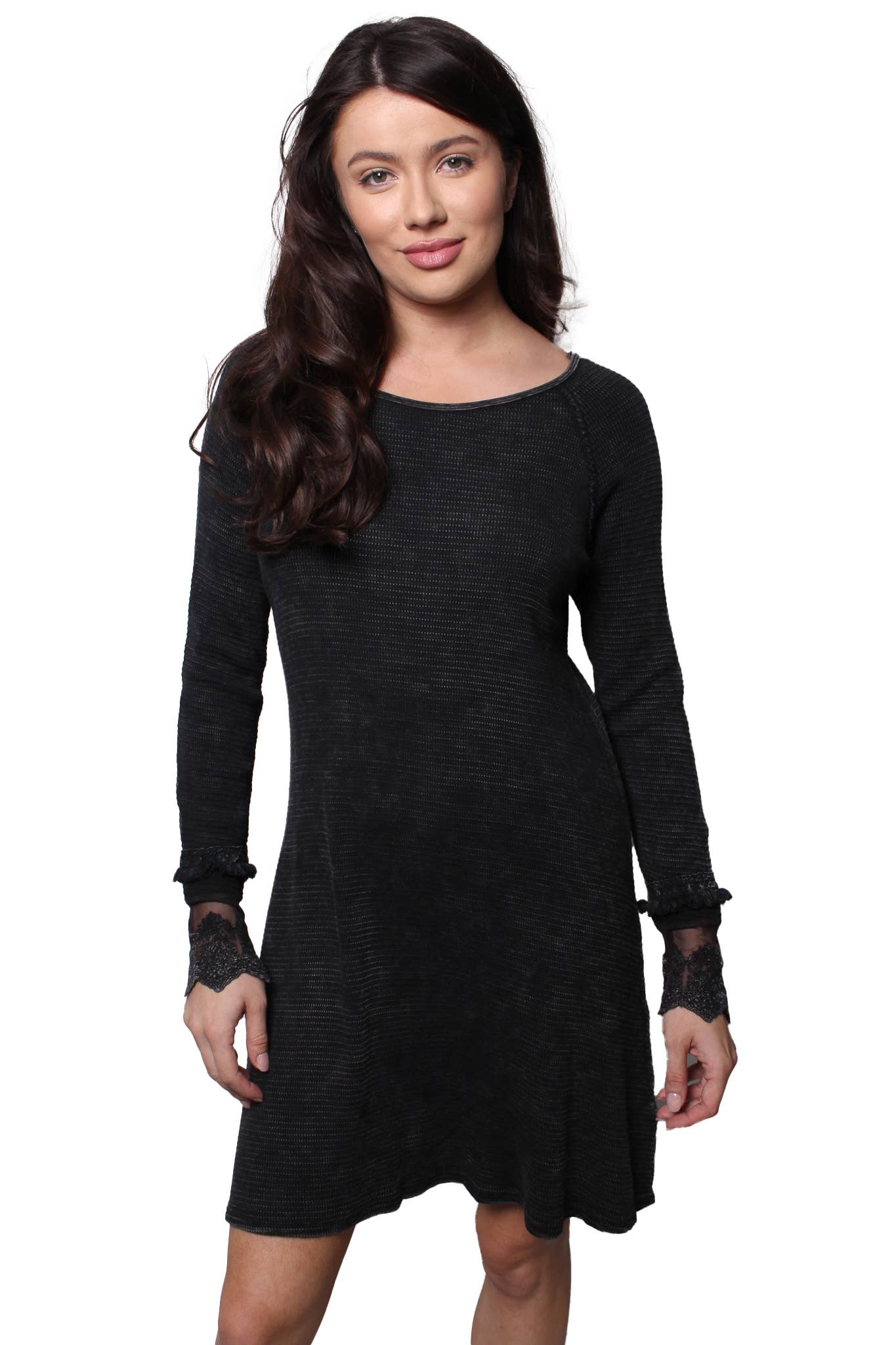 Good Stuff Apparel - Wholesale Dress - Women's - Women's Long Sleeve Round Neck Lace Detail Waffle Dress6
