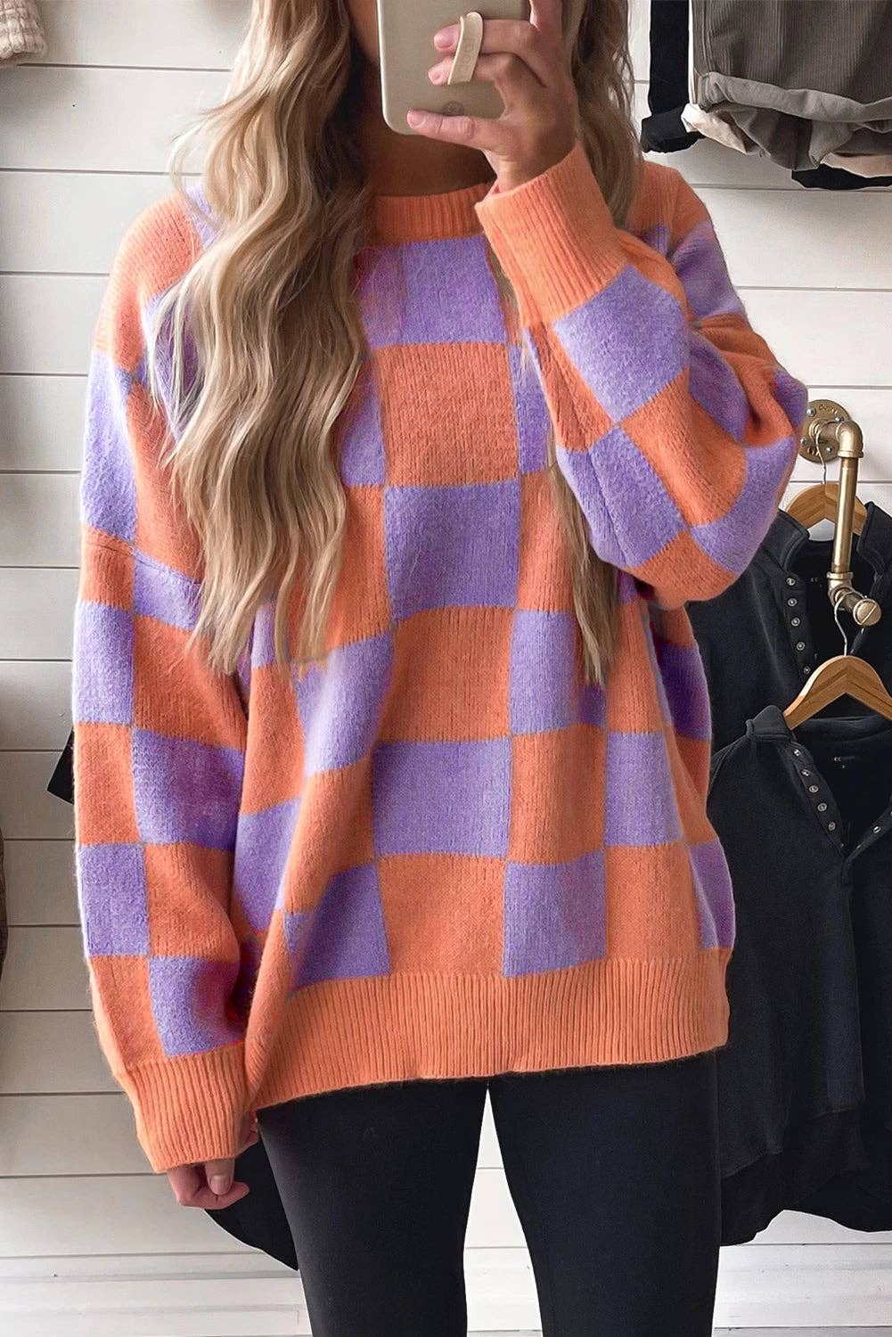 Lovesoft - Wholesale Knit Sweater - Women's - Parchment Checkered Pattern Ribbed Trim Knit Baggy Sweater4