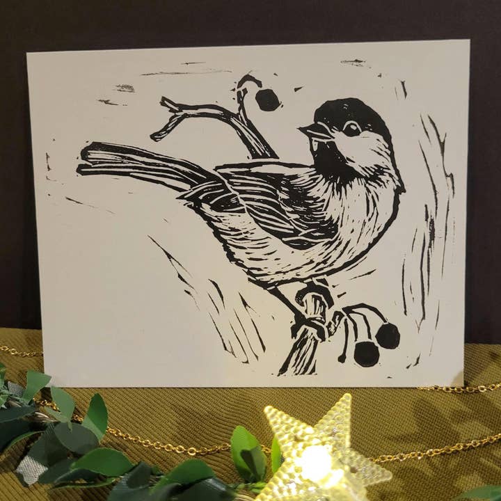 Black-capped Chickadee Handmade Linocut print (6 x 4.5") for wholesale by Taselty