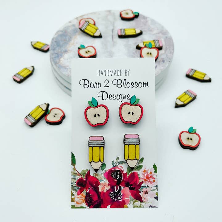 Teacher Appreciation Apple & Pencil Studs for wholesale by Born 2 Blossom Designs