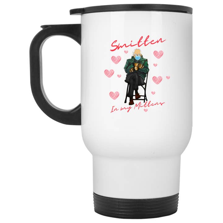 Bernie Smitten Mitten White Travel Mug for wholesale on Faire