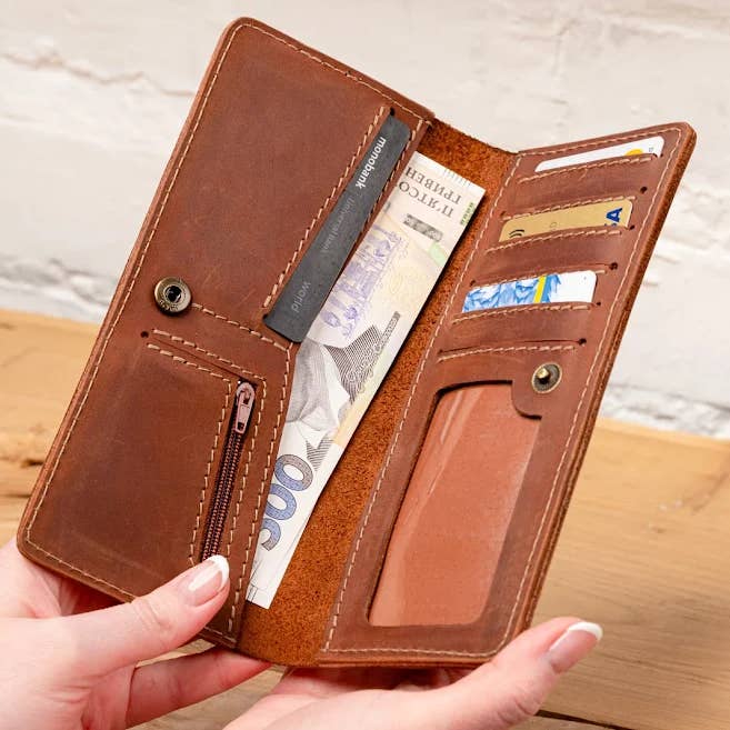 Cartera de cuero larga, billetera de cuero delgada para mujer para venta al por mayor de ShufliaCrafts