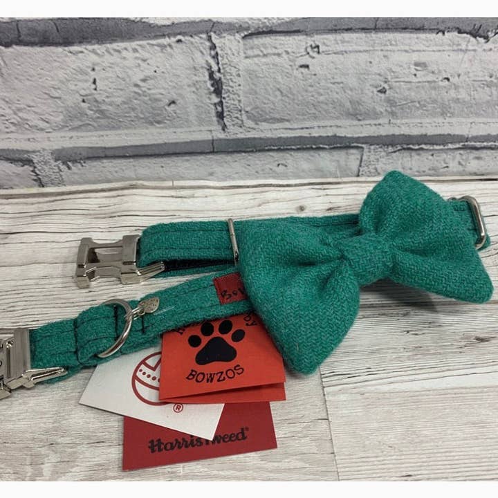 (Dalmahoy) Harris Tweed® Bow Tie Dog Collar & Lead Set - Jade for wholesale by BOWZOS