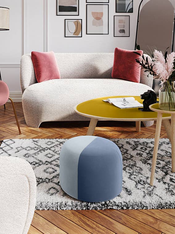 Pouf rond en velours bicolore bleu Iris pour la vente par Potiron