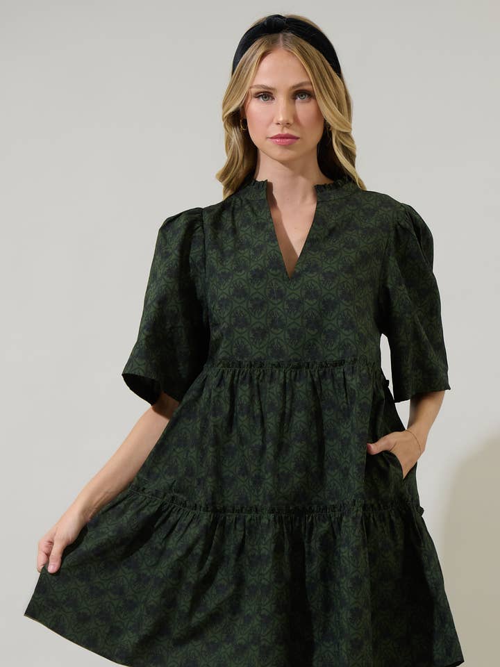 Olive Green Haslet Floral Dixie Split Neck Shift Dress for wholesale on Faire