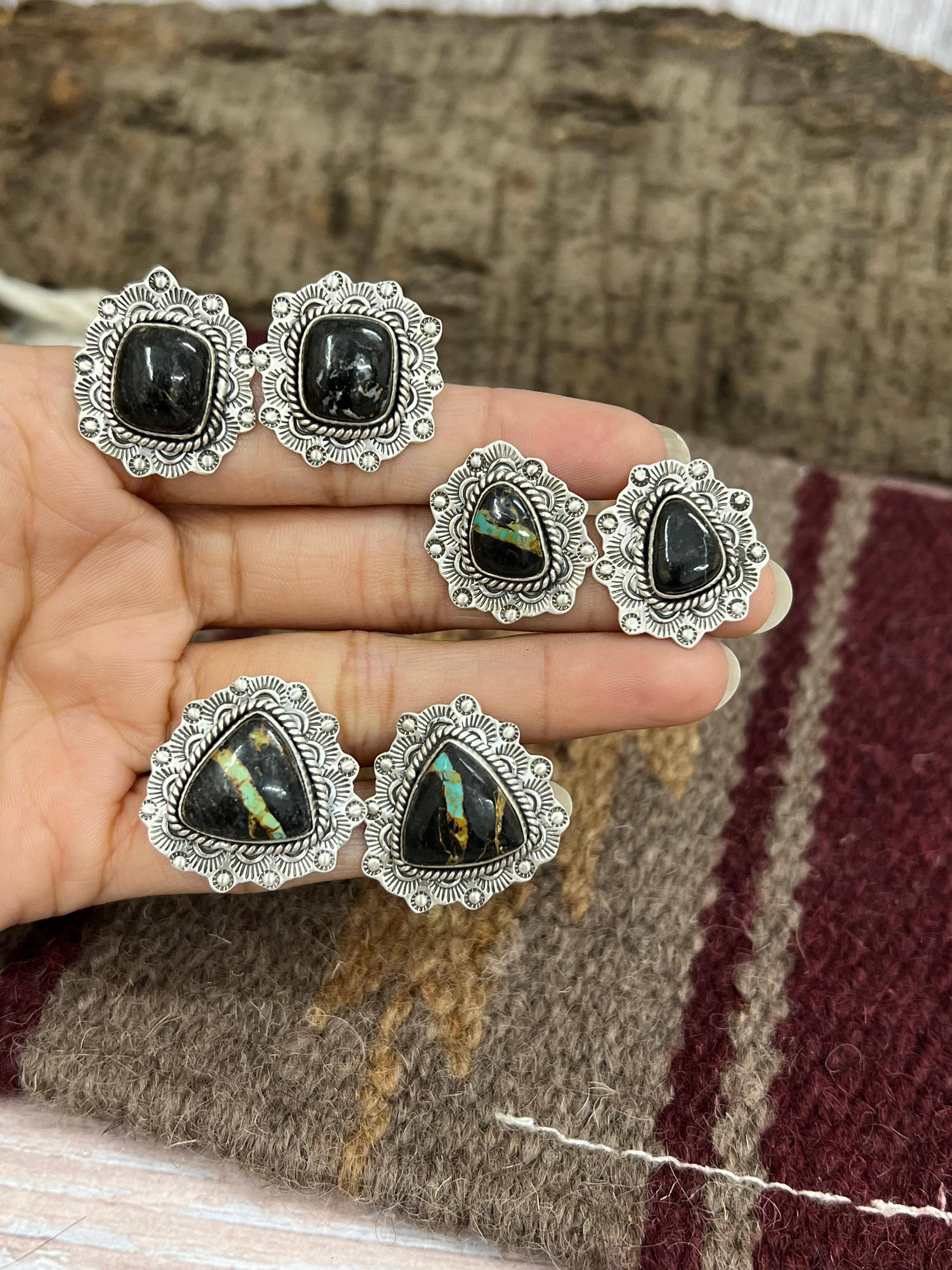 Nizhonitradersllc - Wholesale Stud/Post Earrings - Handmade Sterling Silver Black Jack Post Earrings with Signed Nizhoni0