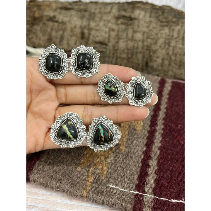 Nizhonitradersllc - Wholesale Stud/Post Earrings - Handmade Sterling Silver Black Jack Post Earrings with Signed Nizhoni