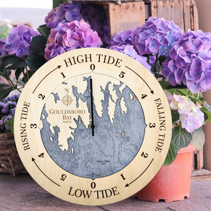 Gouldsboro Bay Tide Clock Nautical Wood Map - 2 Sizes for wholesale by Sea & Soul Nautical Chart Art