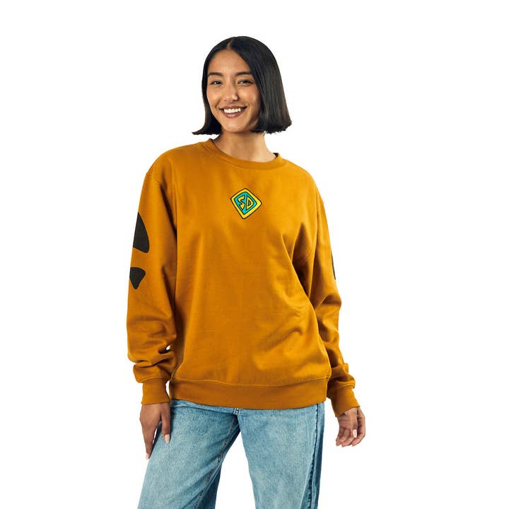 Bioworld Merchandising - Wholesale Graphic Sweatshirt - Women's - Scooby Doo Dog Tag & Spots Women's Brown Crew Neck Long Sleeve Oversized Fleece Sweatshirt2